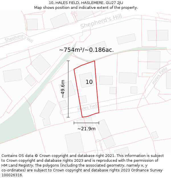 10, HALES FIELD, HASLEMERE, GU27 2JU: Plot and title map