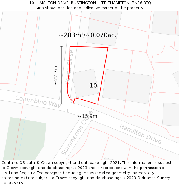 10, HAMILTON DRIVE, RUSTINGTON, LITTLEHAMPTON, BN16 3TQ: Plot and title map