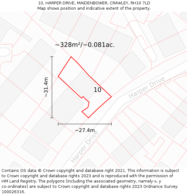 10, HARPER DRIVE, MAIDENBOWER, CRAWLEY, RH10 7LD: Plot and title map