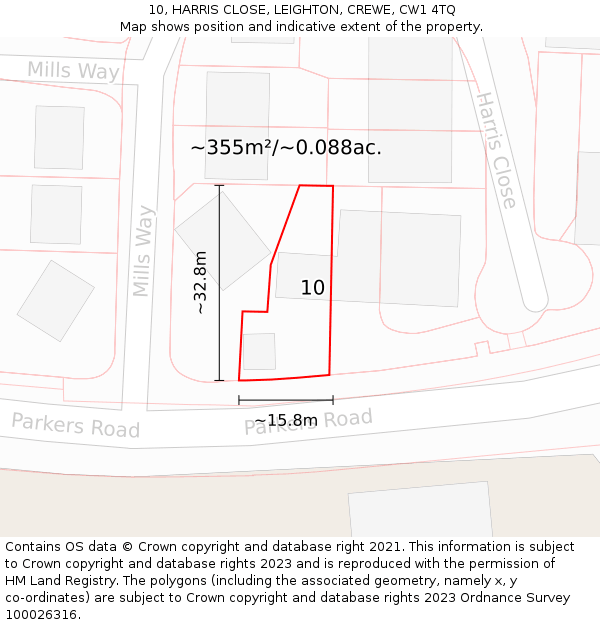 10, HARRIS CLOSE, LEIGHTON, CREWE, CW1 4TQ: Plot and title map