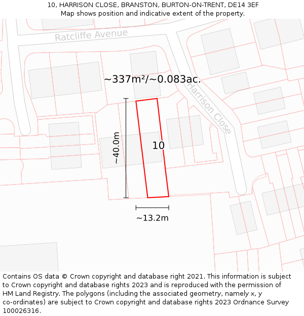 10, HARRISON CLOSE, BRANSTON, BURTON-ON-TRENT, DE14 3EF: Plot and title map