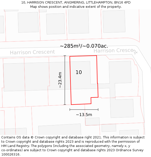 10, HARRISON CRESCENT, ANGMERING, LITTLEHAMPTON, BN16 4PD: Plot and title map