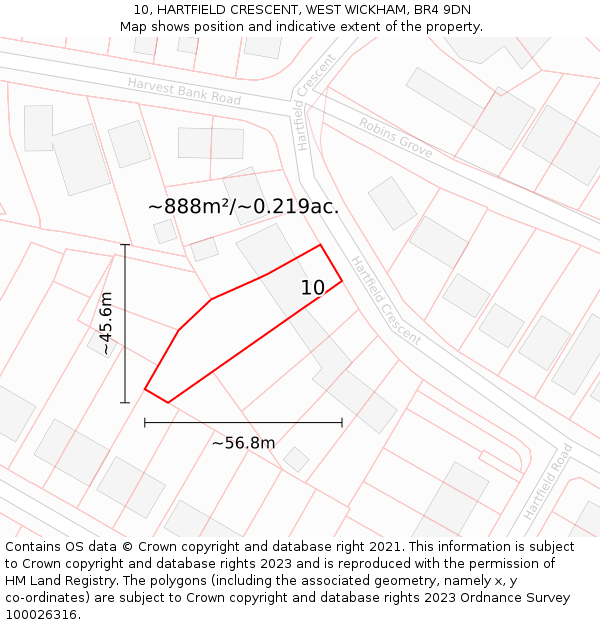 10, HARTFIELD CRESCENT, WEST WICKHAM, BR4 9DN: Plot and title map