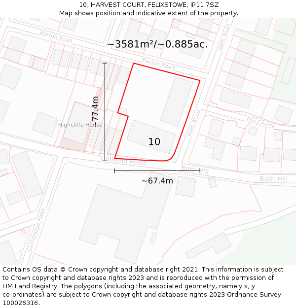 10, HARVEST COURT, FELIXSTOWE, IP11 7SZ: Plot and title map