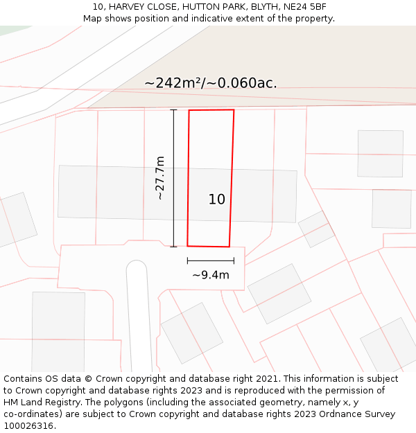 10, HARVEY CLOSE, HUTTON PARK, BLYTH, NE24 5BF: Plot and title map