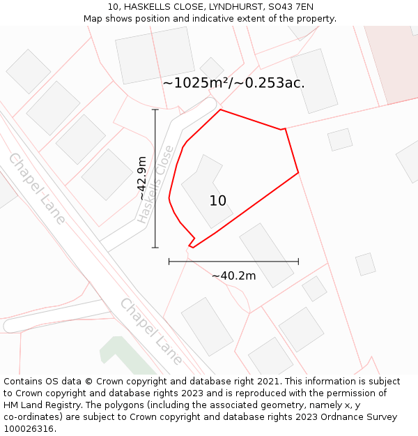 10, HASKELLS CLOSE, LYNDHURST, SO43 7EN: Plot and title map