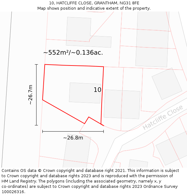 10, HATCLIFFE CLOSE, GRANTHAM, NG31 8FE: Plot and title map