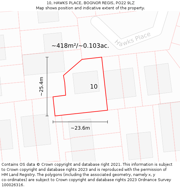 10, HAWKS PLACE, BOGNOR REGIS, PO22 9LZ: Plot and title map