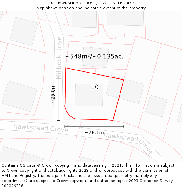 10, HAWKSHEAD GROVE, LINCOLN, LN2 4XB: Plot and title map
