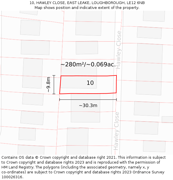 10, HAWLEY CLOSE, EAST LEAKE, LOUGHBOROUGH, LE12 6NB: Plot and title map