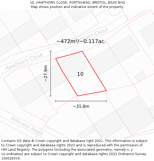 10, HAWTHORN CLOSE, PORTISHEAD, BRISTOL, BS20 8HQ: Plot and title map