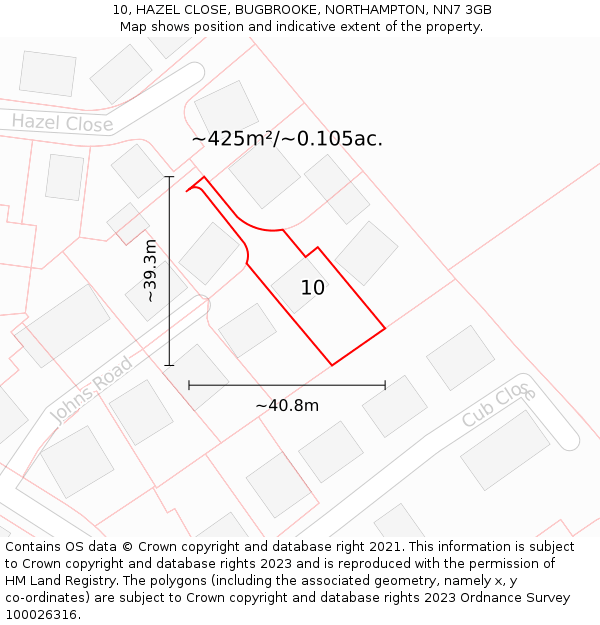 10, HAZEL CLOSE, BUGBROOKE, NORTHAMPTON, NN7 3GB: Plot and title map