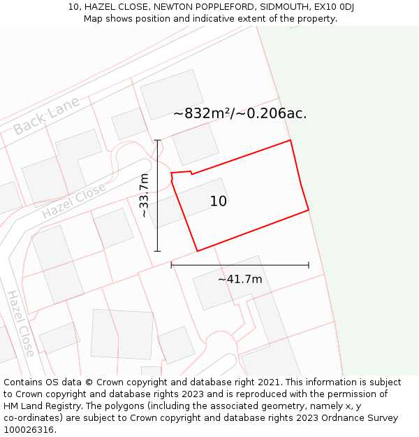 10, HAZEL CLOSE, NEWTON POPPLEFORD, SIDMOUTH, EX10 0DJ: Plot and title map