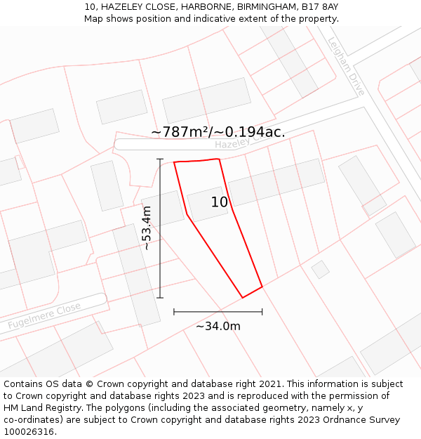 10, HAZELEY CLOSE, HARBORNE, BIRMINGHAM, B17 8AY: Plot and title map