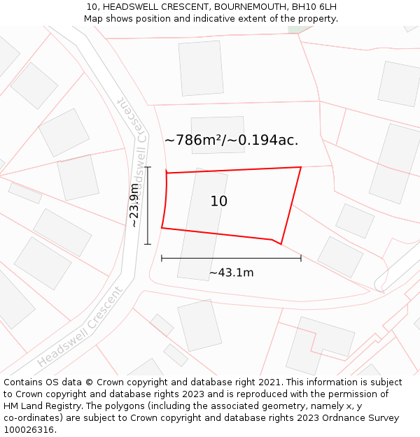 10, HEADSWELL CRESCENT, BOURNEMOUTH, BH10 6LH: Plot and title map