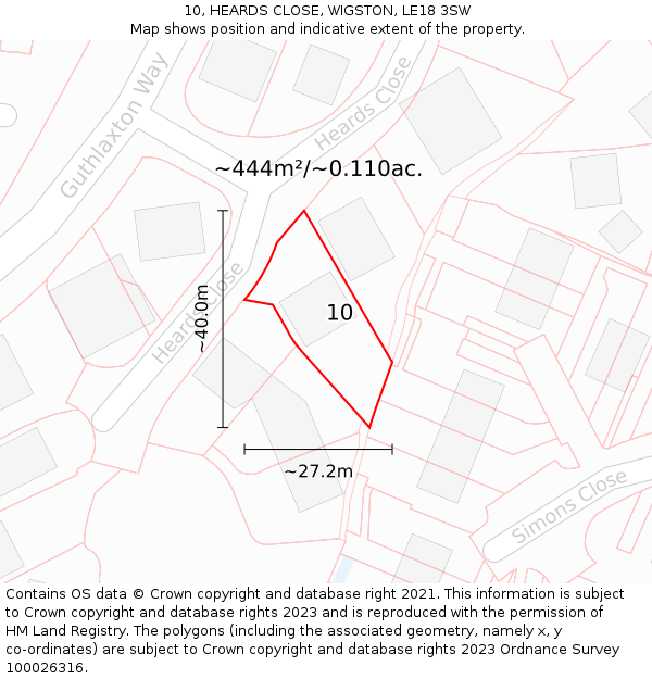 10, HEARDS CLOSE, WIGSTON, LE18 3SW: Plot and title map