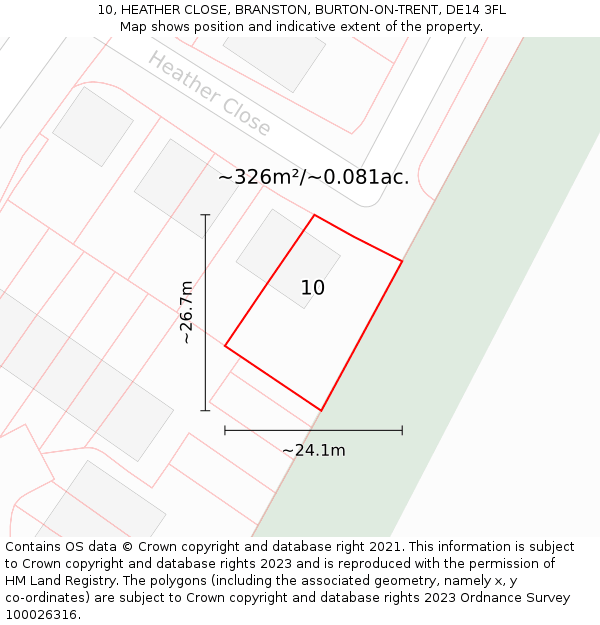 10, HEATHER CLOSE, BRANSTON, BURTON-ON-TRENT, DE14 3FL: Plot and title map