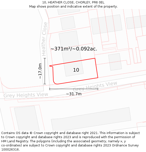 10, HEATHER CLOSE, CHORLEY, PR6 0EL: Plot and title map