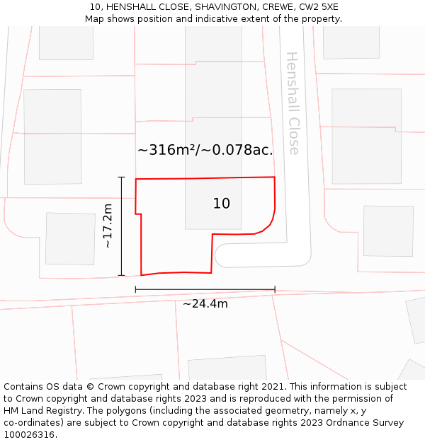 10, HENSHALL CLOSE, SHAVINGTON, CREWE, CW2 5XE: Plot and title map