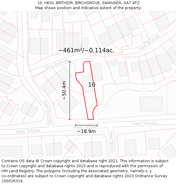 10, HEOL BRITHDIR, BIRCHGROVE, SWANSEA, SA7 9PZ: Plot and title map