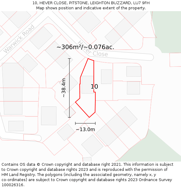 10, HEVER CLOSE, PITSTONE, LEIGHTON BUZZARD, LU7 9FH: Plot and title map
