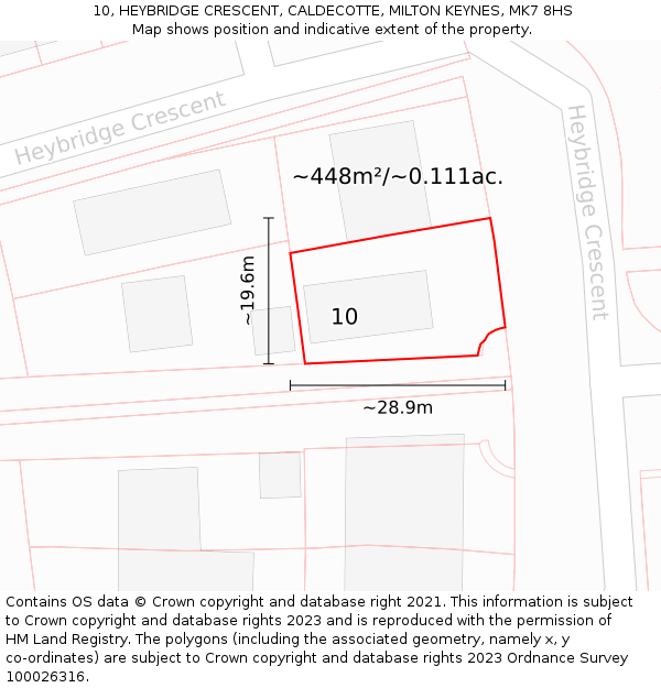 10, HEYBRIDGE CRESCENT, CALDECOTTE, MILTON KEYNES, MK7 8HS: Plot and title map