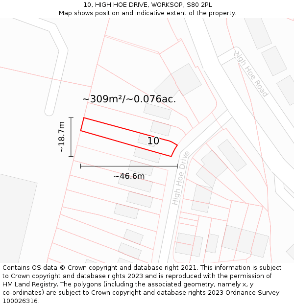 10, HIGH HOE DRIVE, WORKSOP, S80 2PL: Plot and title map