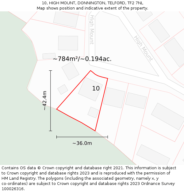 10, HIGH MOUNT, DONNINGTON, TELFORD, TF2 7NL: Plot and title map