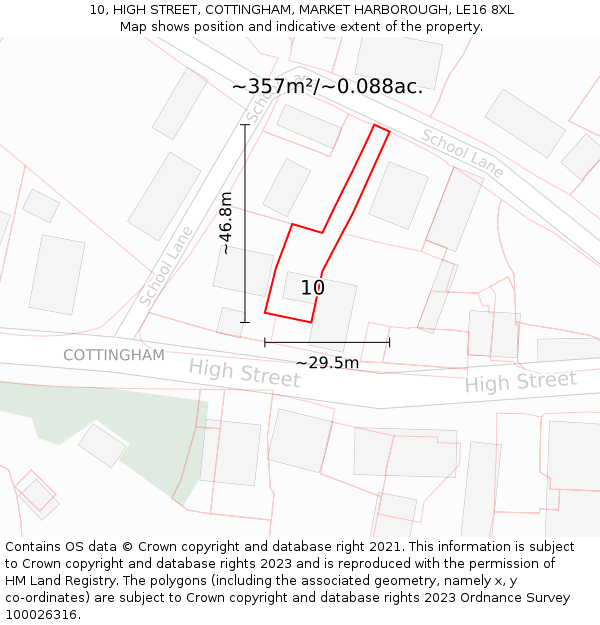 10, HIGH STREET, COTTINGHAM, MARKET HARBOROUGH, LE16 8XL: Plot and title map