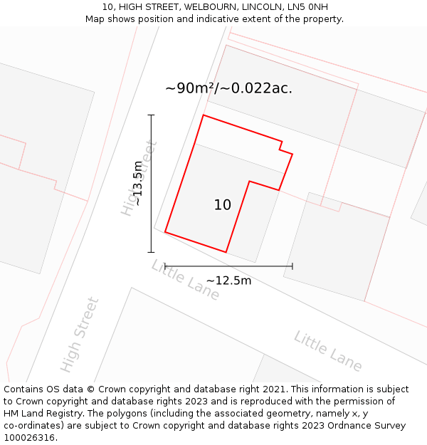 10, HIGH STREET, WELBOURN, LINCOLN, LN5 0NH: Plot and title map