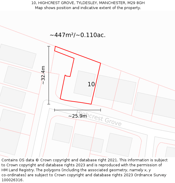 10, HIGHCREST GROVE, TYLDESLEY, MANCHESTER, M29 8GH: Plot and title map