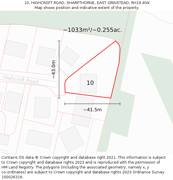 10, HIGHCROFT ROAD, SHARPTHORNE, EAST GRINSTEAD, RH19 4NX: Plot and title map
