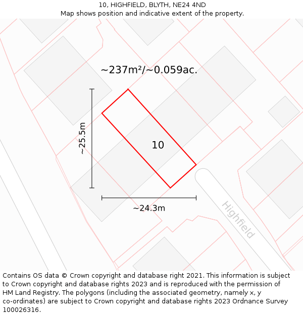 10, HIGHFIELD, BLYTH, NE24 4ND: Plot and title map