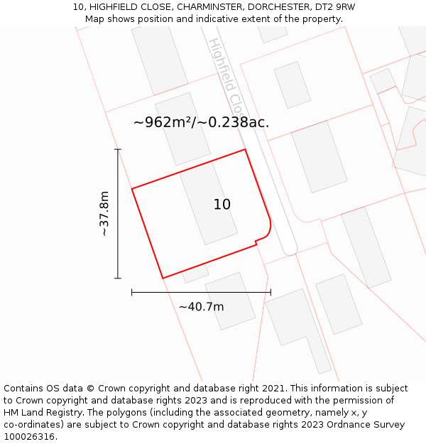 10, HIGHFIELD CLOSE, CHARMINSTER, DORCHESTER, DT2 9RW: Plot and title map