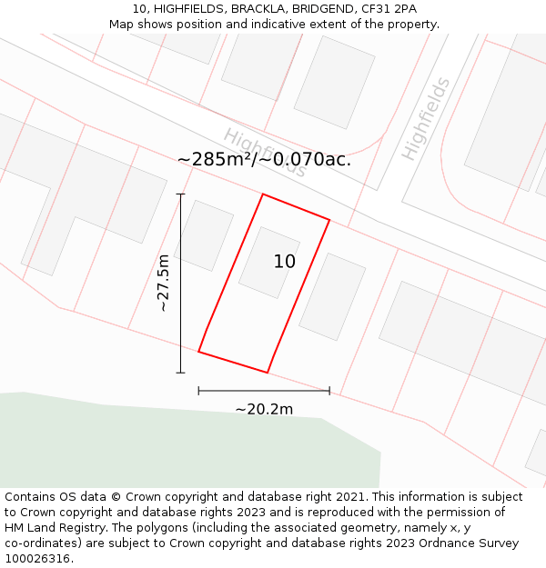 10, HIGHFIELDS, BRACKLA, BRIDGEND, CF31 2PA: Plot and title map