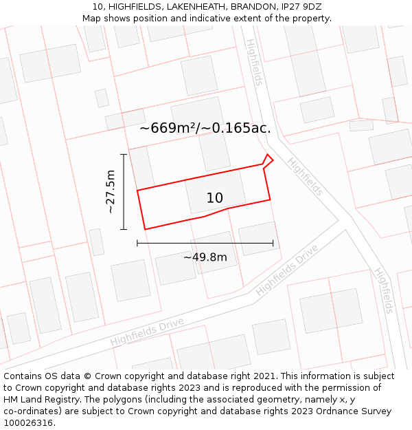 10, HIGHFIELDS, LAKENHEATH, BRANDON, IP27 9DZ: Plot and title map