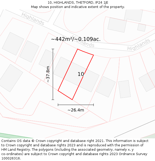 10, HIGHLANDS, THETFORD, IP24 1JE: Plot and title map