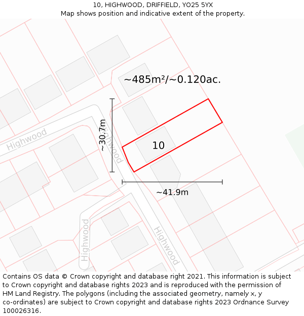 10, HIGHWOOD, DRIFFIELD, YO25 5YX: Plot and title map