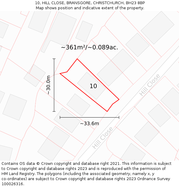 10, HILL CLOSE, BRANSGORE, CHRISTCHURCH, BH23 8BP: Plot and title map