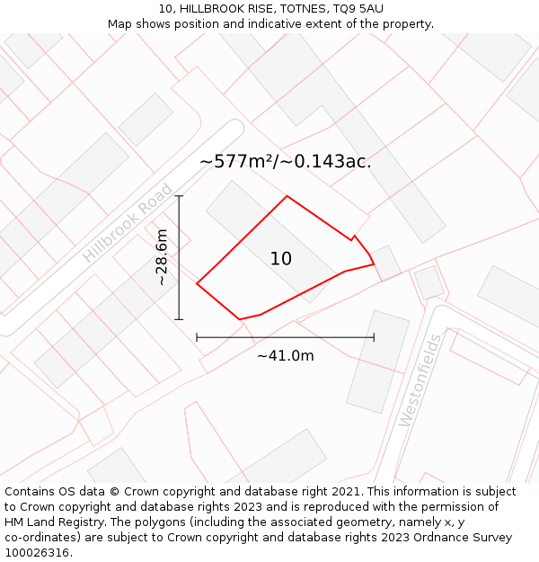10, HILLBROOK RISE, TOTNES, TQ9 5AU: Plot and title map