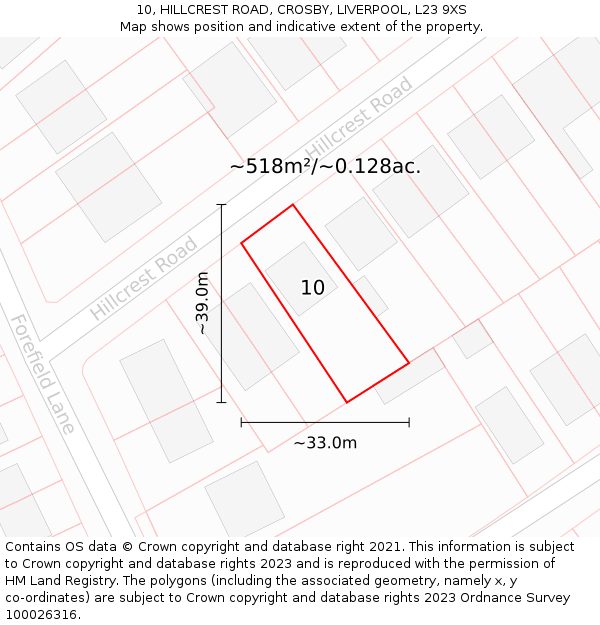 10, HILLCREST ROAD, CROSBY, LIVERPOOL, L23 9XS: Plot and title map