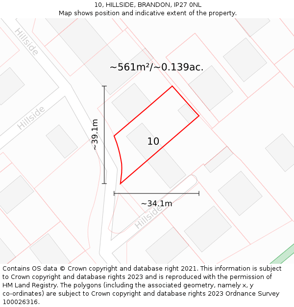 10, HILLSIDE, BRANDON, IP27 0NL: Plot and title map