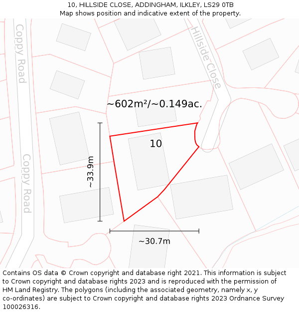 10, HILLSIDE CLOSE, ADDINGHAM, ILKLEY, LS29 0TB: Plot and title map