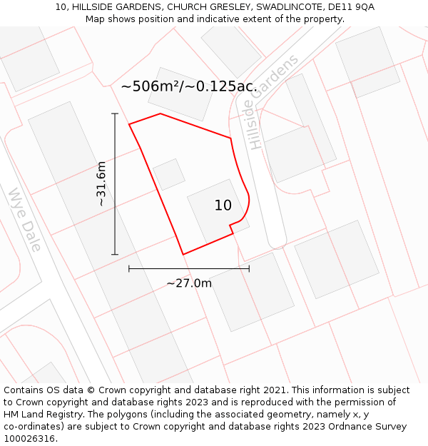 10, HILLSIDE GARDENS, CHURCH GRESLEY, SWADLINCOTE, DE11 9QA: Plot and title map