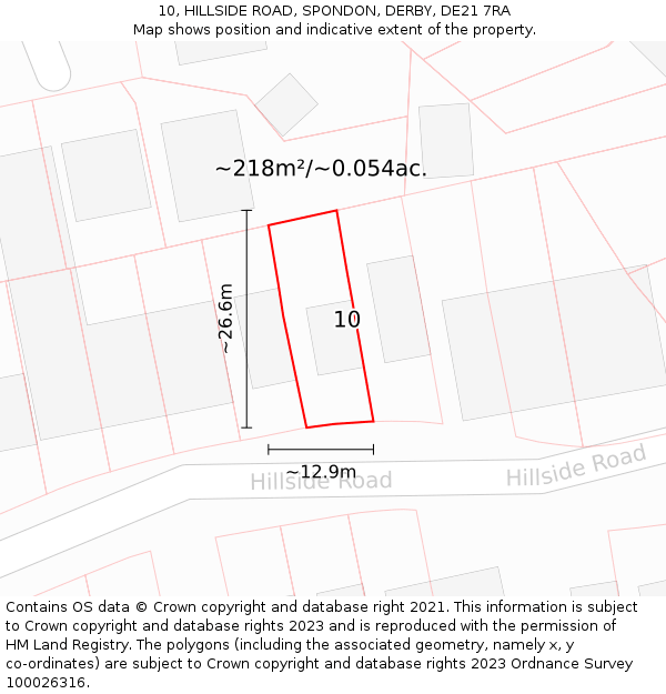 10, HILLSIDE ROAD, SPONDON, DERBY, DE21 7RA: Plot and title map