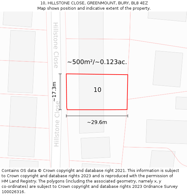 10, HILLSTONE CLOSE, GREENMOUNT, BURY, BL8 4EZ: Plot and title map