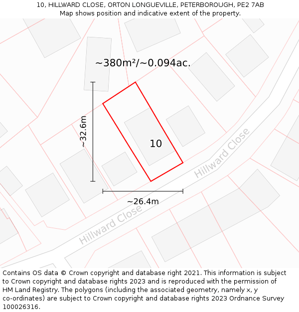10, HILLWARD CLOSE, ORTON LONGUEVILLE, PETERBOROUGH, PE2 7AB: Plot and title map