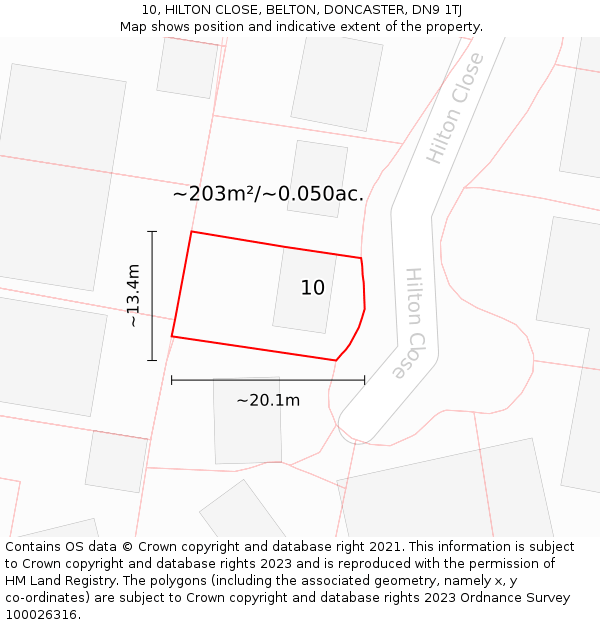 10, HILTON CLOSE, BELTON, DONCASTER, DN9 1TJ: Plot and title map