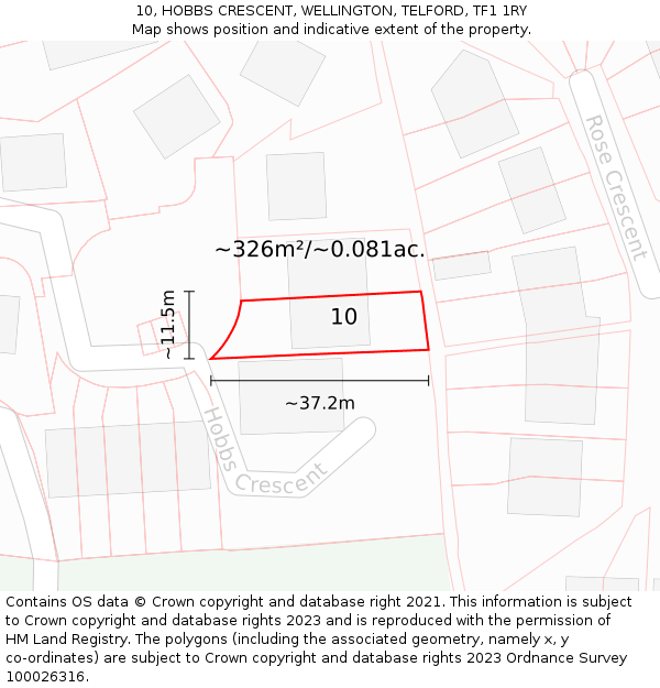 10, HOBBS CRESCENT, WELLINGTON, TELFORD, TF1 1RY: Plot and title map
