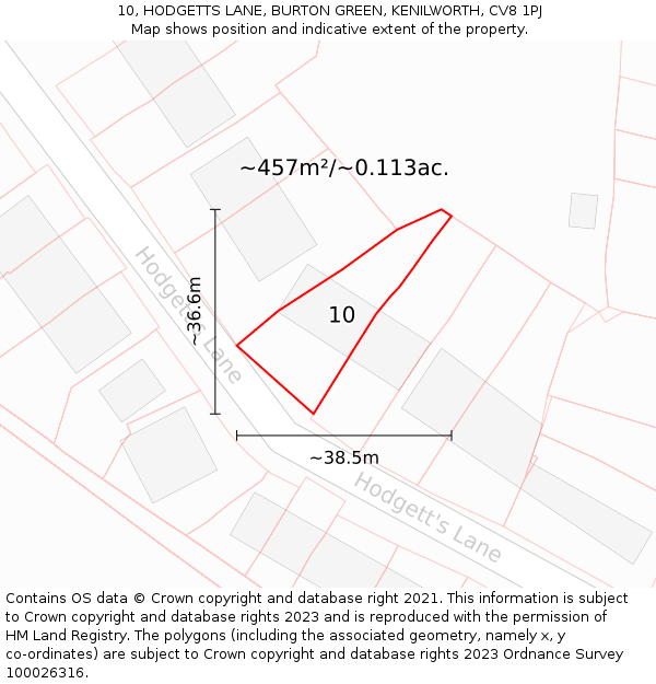 10, HODGETTS LANE, BURTON GREEN, KENILWORTH, CV8 1PJ: Plot and title map